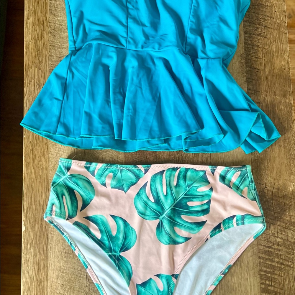 Blue Ruffle Top and Leaf Print Bikini Bottom